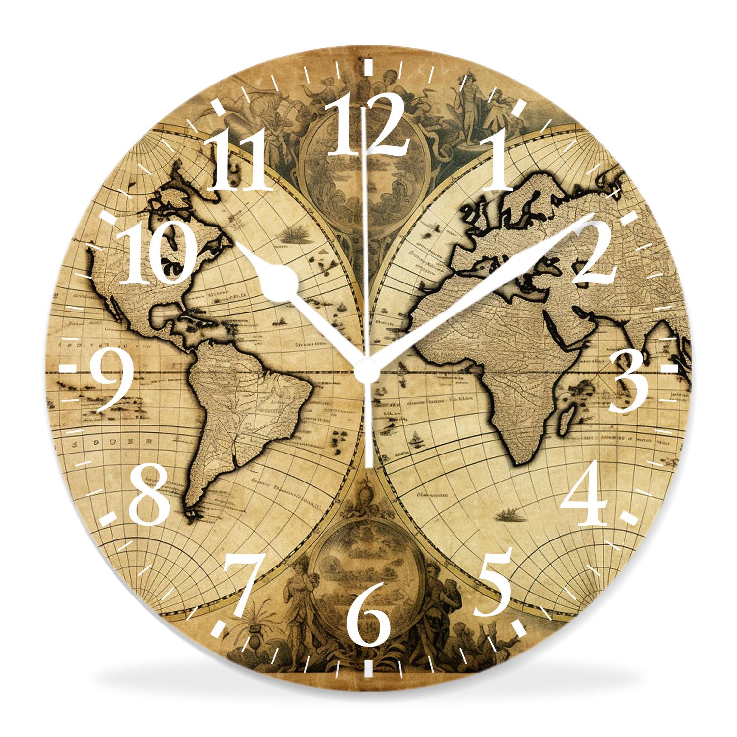 12 Inch Wall Clock Battery Operated Silent Clock Decorative for Office, Kitchen, Outdoor, Living Room，Retro World Map