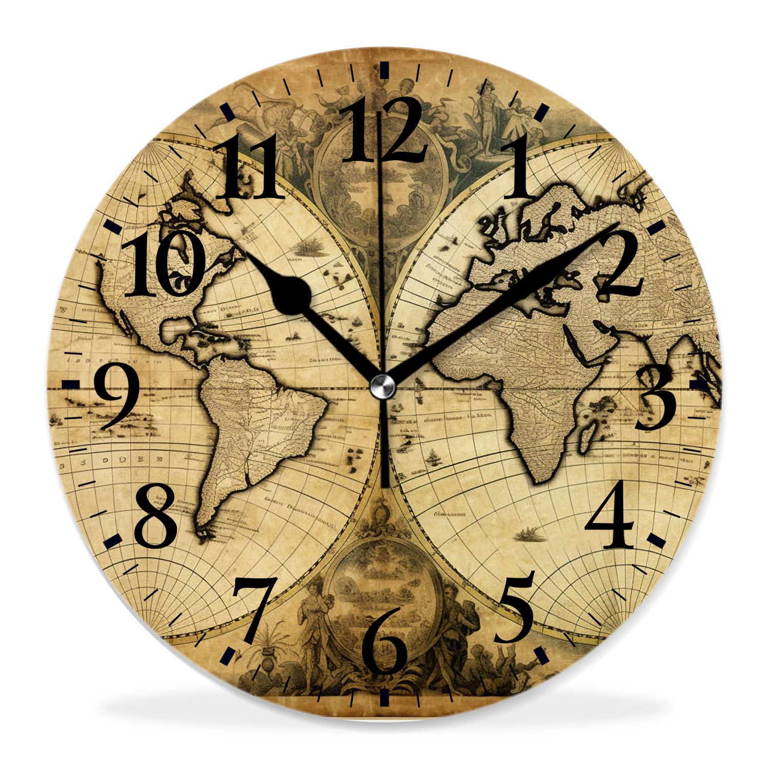 12 Inch Wall Clock Battery Operated Silent Clock Decorative for Office, Kitchen, Outdoor, Living Room，Retro World Map