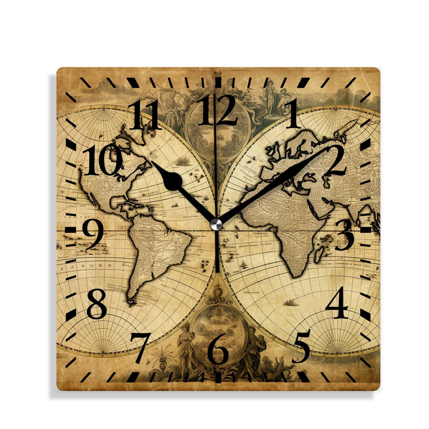 12 Inch Wall Clock Battery Operated Silent Clock Decorative for Office, Kitchen, Outdoor, Living Room，Retro World Map