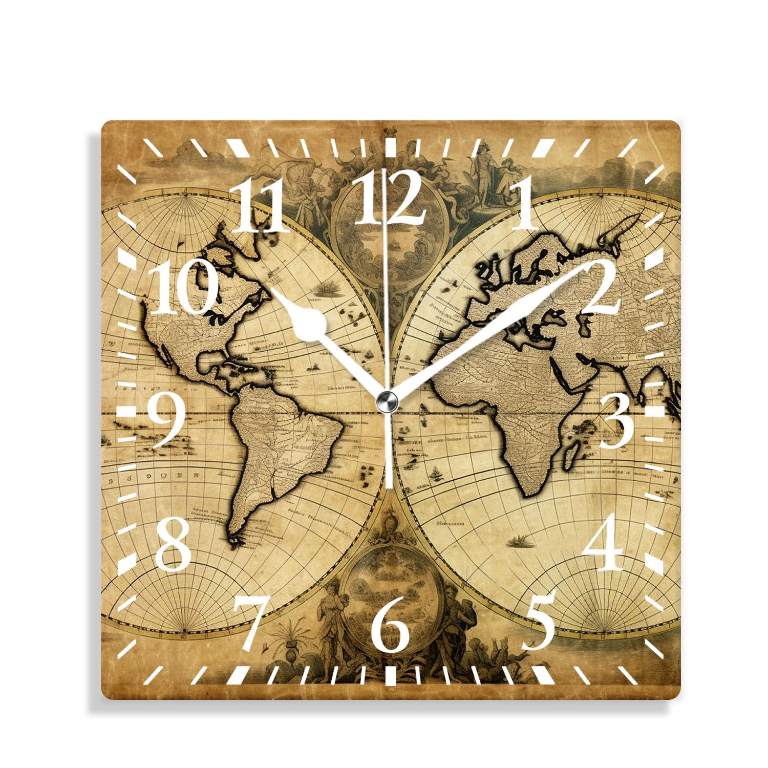 12 Inch Wall Clock Battery Operated Silent Clock Decorative for Office, Kitchen, Outdoor, Living Room，Retro World Map