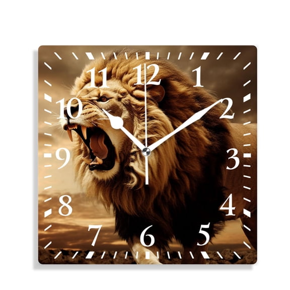 12 Inch Wall Clock Battery Operated Silent Clock Decorative for Office, Kitchen, Outdoor, Living RoomRoaring Lion Against Stormy Sky Cute Pattern
