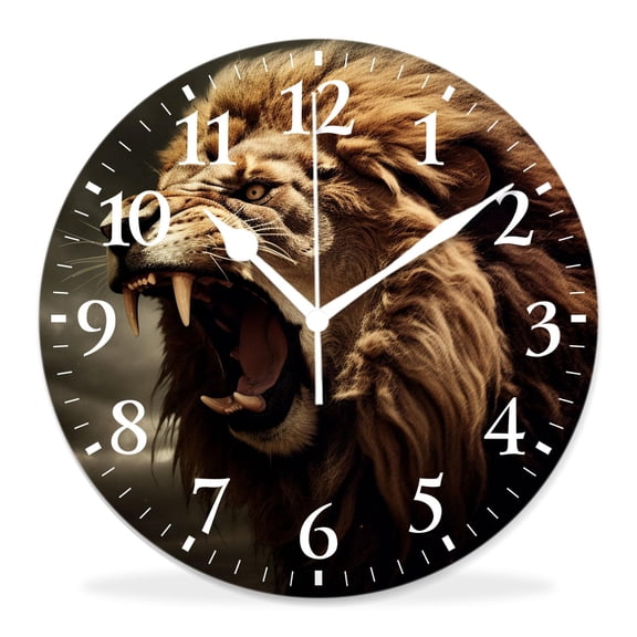 12 Inch Wall Clock Battery Operated Silent Clock Decorative for Office, Kitchen, Outdoor, Living RoomRoaring Lion Against Stormy Sky Lovely Pattern