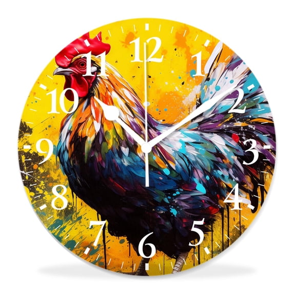 12 Inch Wall Clock Battery Operated Silent Clock Decorative for Office, Kitchen, Outdoor, Living Room，Rooster in The Farm Color Art Cute Design