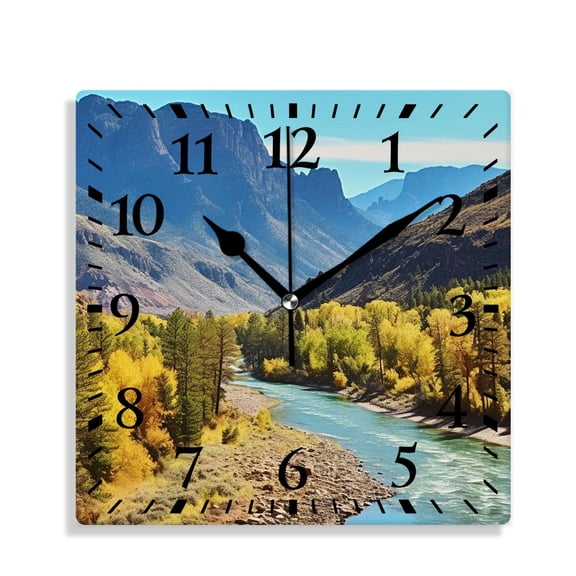12 Inch Wall Clock Battery Operated Silent Clock Decorative for Office, Kitchen, Outdoor, Living RoomScenic Green Pine Tree Waterfall Landscape Cute