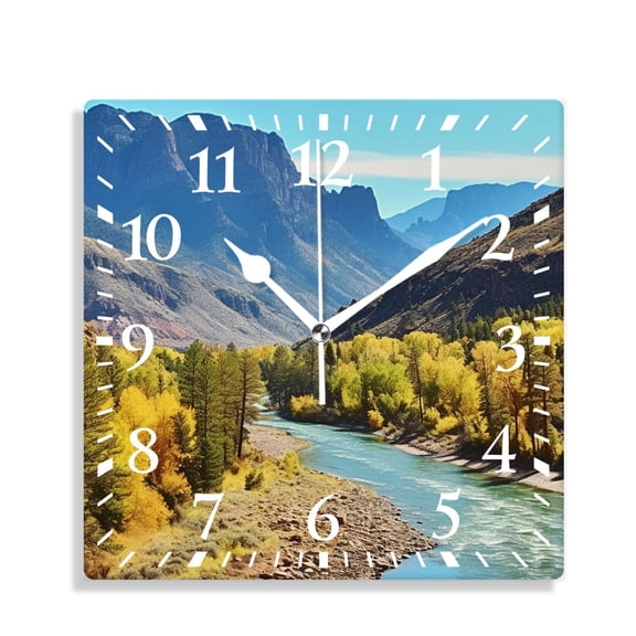 12 Inch Wall Clock Battery Operated Silent Clock Decorative for Office, Kitchen, Outdoor, Living Room，Scenic Green Pine Tree Waterfall Landscape Cute