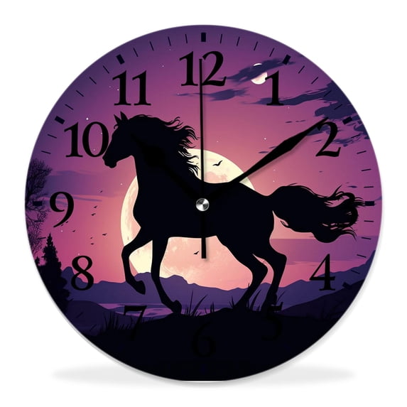 12 Inch Wall Clock Battery Operated Silent Clock Decorative for Office, Kitchen, Outdoor, Living Room，Silhouette of aHorse in The Moonlight Graceful