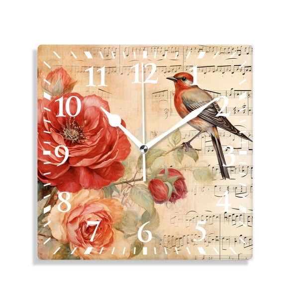 12 Inch Wall Clock Battery Operated Silent Clock Decorative for Office, Kitchen, Outdoor, Living Room,Vintage Collage Bird Poster Lovely Design