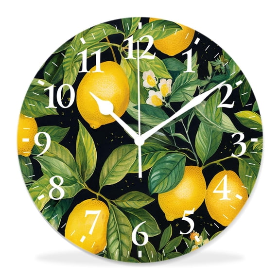 12 Inch Wall Clock Battery Operated Silent Clock Decorative for Office, Kitchen, Outdoor, Living RoomVintage Yellow Lemon with Leaves Lovely
