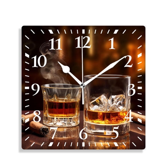 12 Inch Wall Clock Battery Operated Silent Clock Decorative for Office, Kitchen, Outdoor, Living RoomWhiskey Drinks with Smoking Cigars Cute Drawing