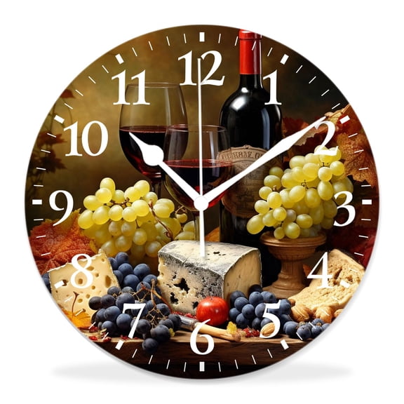 12 Inch Wall Clock Battery Operated Silent Clock Decorative for Office, Kitchen, Outdoor, Living Room，Wine Cheese Lovely Pattern