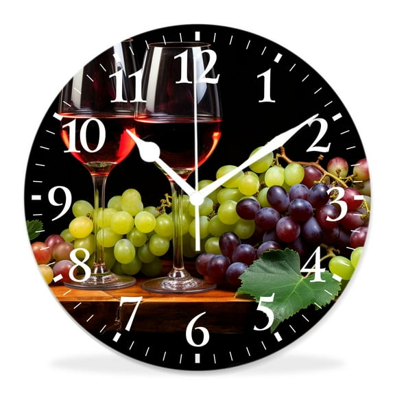 12 Inch Wall Clock Battery Operated Silent Clock Decorative for Office, Kitchen, Outdoor, Living RoomWine and Grapes on aWooden Table Lovely Art