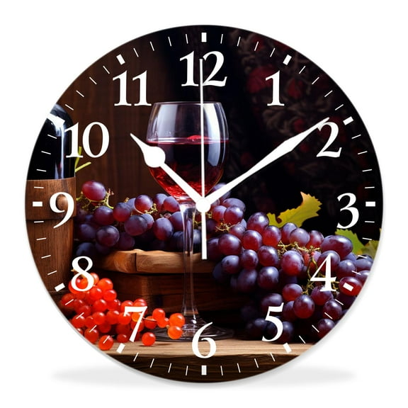 12 Inch Wall Clock Battery Operated Silent Clock Decorative for Office, Kitchen, Outdoor, Living RoomWine and Ripe Grapes on Wooden Table Drawing