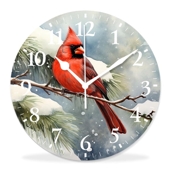 12 Inch Wall Clock Battery Operated Silent Clock Decorative for Office, Kitchen, Outdoor, Living RoomWinter Cardinal Bird Watercolor Cute Pattern