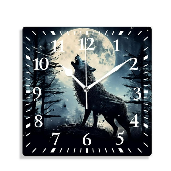 12 Inch Wall Clock Battery Operated Silent Clock Decorative for Office, Kitchen, Outdoor, Living Room,Wolf Black Beautiful