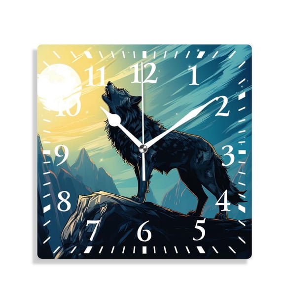 12 Inch Wall Clock Battery Operated Silent Clock Decorative for Office, Kitchen, Outdoor, Living Room，Wolf Howling in The Moon Lovely Drawing
