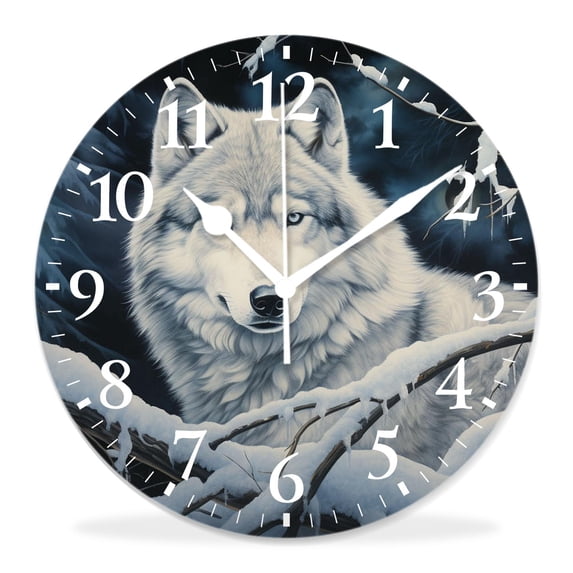 12 Inch Wall Clock Battery Operated Silent Clock Decorative for Office, Kitchen, Outdoor, Living Room,Wolf and Snow Artistic