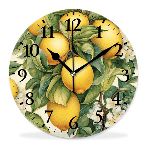 12 Inch Wall Clock Battery Operated Silent Clock Decorative for Office, Kitchen, Outdoor, Living RoomYellow Lemon Lovely Drawing