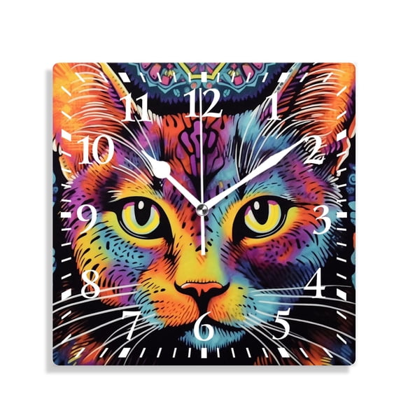 12 Inch Wall Clock Battery Operated Silent Clock Decorative for Office, Kitchen, Outdoor, Living Room，a Colorful Cat Cute Design