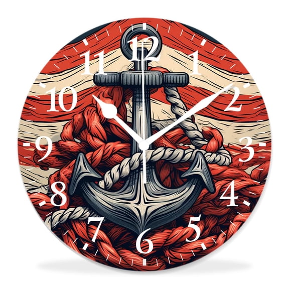 12 Inch Wall Clock Battery Operated Silent Clock Decorative for Office, Kitchen, Outdoor, Living Roomr Marine Design Rudder r Navy Striped Creative