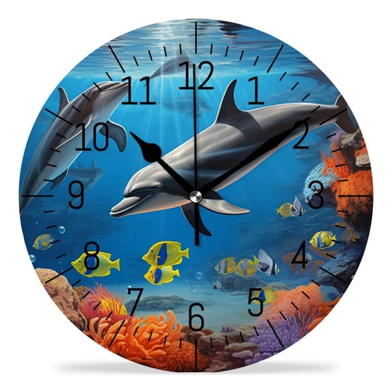 12 Inch Wall Clock Battery Operated Silent Clock Decorative for Office, Kitchen, Outdoor, Living Room,3D Dolphin Ocean Sea Coral Reef Summer Multicolor
