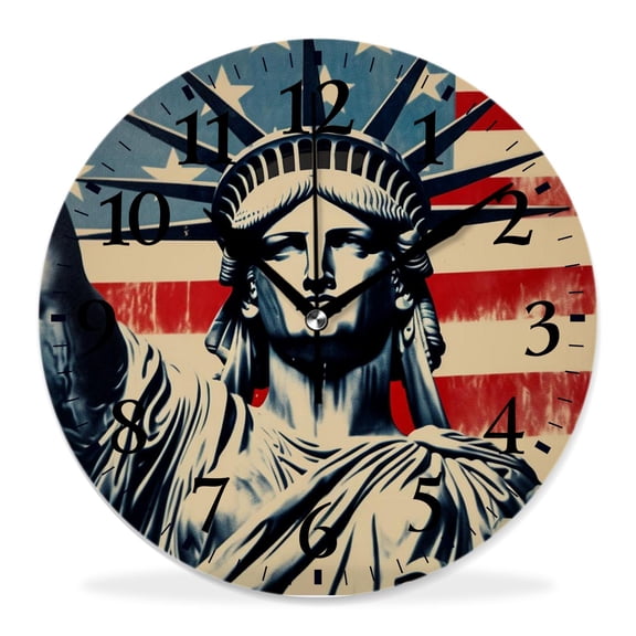 12 Inch Wall Clock Battery Operated Silent Clock Decorative for Office, Kitchen, Outdoor, Living Room4Th of July Sketch Style of Liberty with Grunge Stripes and Stars Art