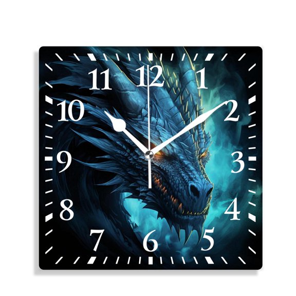 12 Inch Wall Clock Battery Operated Silent Clock Decorative for Office, Kitchen, Outdoor, Living RoomAbstract Blue Fire Flame Dragon Head on Black Background Creative