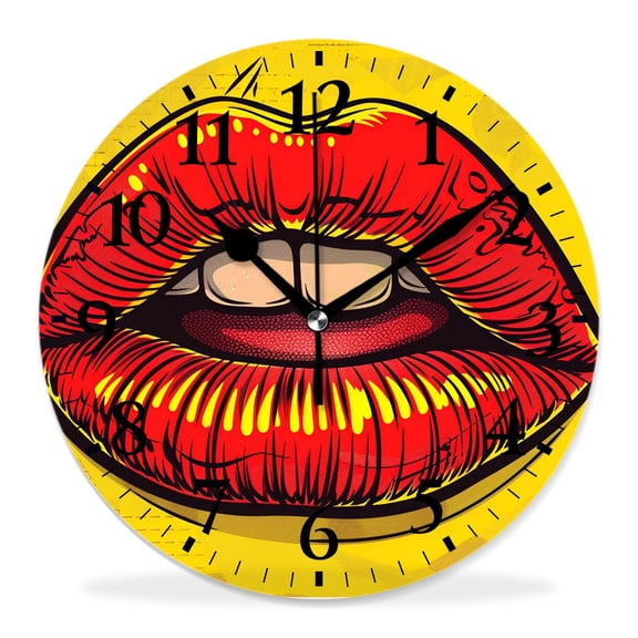 12 Inch Wall Clock Battery Operated Silent Clock Decorative for Office, Kitchen, Outdoor, Living RoomAbstract Retro Pop Style inspired Woman Lips Comic Chic