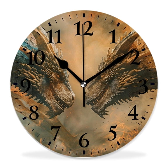 12 Inch Wall Clock Battery Operated Silent Clock Decorative for Office, Kitchen, Outdoor, Living RoomAbstract Smoke Blue and Orange Fire Flame Dragon Chinese Beautiful
