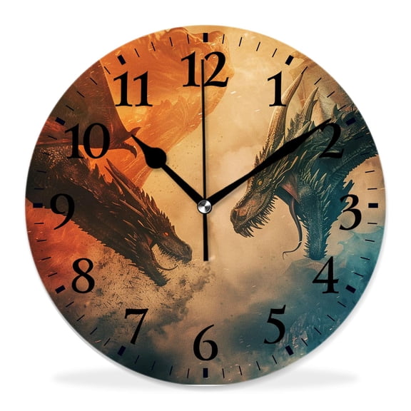 12 Inch Wall Clock Battery Operated Silent Clock Decorative for Office, Kitchen, Outdoor, Living RoomAbstract Smoke Blue and Orange Fire Flame Dragon Chinese Gorgeous