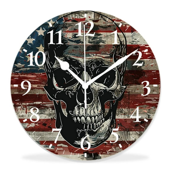 12 Inch Wall Clock Battery Operated Silent Clock Decorative for Office, Kitchen, Outdoor, Living RoomAmerican Flag Paint Splash Skull Day of The Dead Lovely