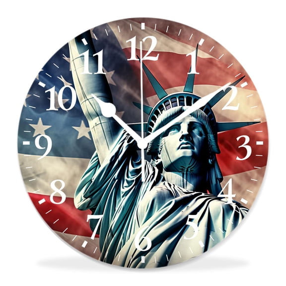 12 Inch Wall Clock Battery Operated Silent Clock Decorative for Office, Kitchen, Outdoor, Living RoomAmerican Flag Statue of Liberty Landmark Vintage Stylish Colorful