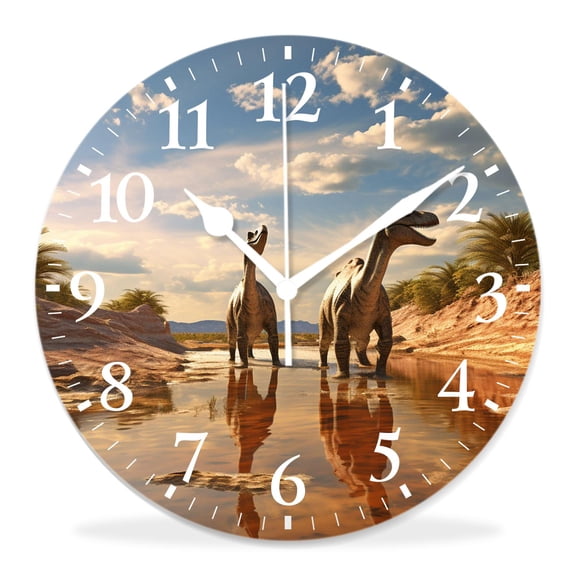 12 Inch Wall Clock Battery Operated Silent Clock Decorative for Office, Kitchen, Outdoor, Living RoomAncient Animal Dinosaur Mountains Fantasy Landscape Beautiful