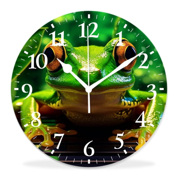 12 Inch Wall Clock Battery Operated Silent Clock Decorative for Office, Kitchen, Outdoor, Living RoomAnimal Frog Peek Succulent Leaf Green Jungle Tree forest Style