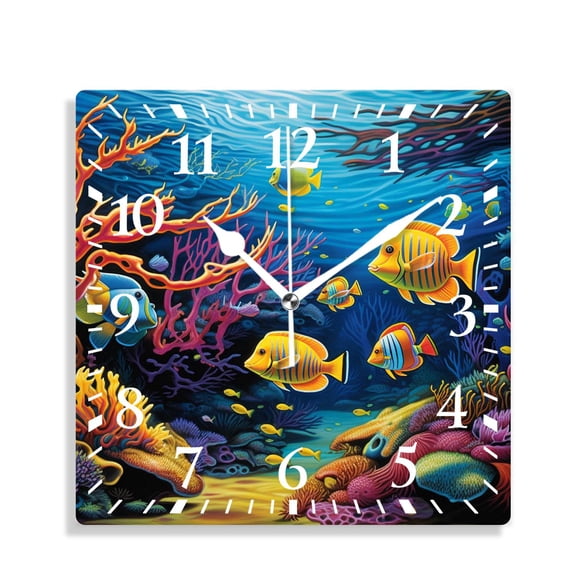 12 Inch Wall Clock Battery Operated Silent Clock Decorative for Office, Kitchen, Outdoor, Living RoomAnimals on Colorful and Bright Coral Reef Ocean Art