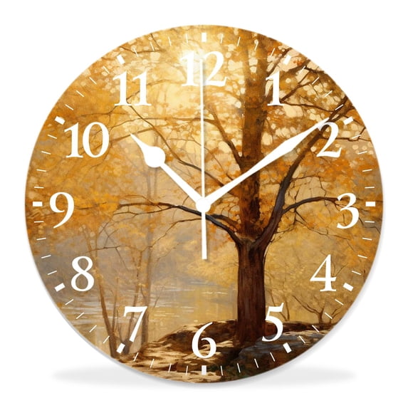 12 Inch Wall Clock Battery Operated Silent Clock Decorative for Office, Kitchen, Outdoor, Living Room,Autumn Bare Tree Branches with Fall Leaves Design