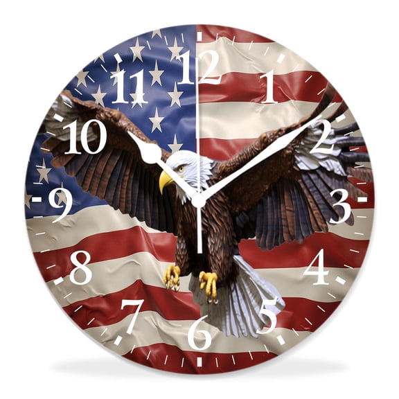 12 Inch Wall Clock Battery Operated Silent Clock Decorative for Office, Kitchen, Outdoor, Living RoomBald Eagle Superimposed Over UsaFlag Lovely Pattern