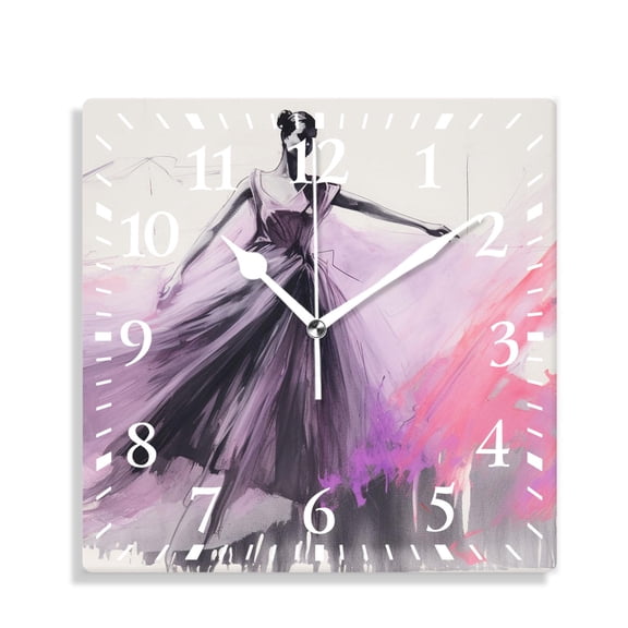 12 Inch Wall Clock Battery Operated Silent Clock Decorative for Office, Kitchen, Outdoor, Living RoomBallerina Dancer in Light Red Ballet Suit Dancing on White Design