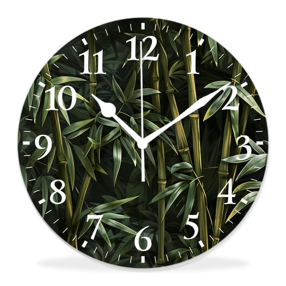 12 Inch Wall Clock Battery Operated Silent Clock Decorative for Office, Kitchen, Outdoor, Living RoomBamboo with Stem Green Leaves Tropical Botanical Plant on Beige Adorable