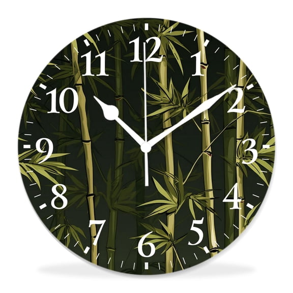 12 Inch Wall Clock Battery Operated Silent Clock Decorative for Office, Kitchen, Outdoor, Living RoomBamboo with Stem Green Leaves Tropical Botanical Plant on Beige Art