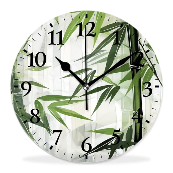 12 Inch Wall Clock Battery Operated Silent Clock Decorative for Office, Kitchen, Outdoor, Living RoomBamboo with Stem Green Leaves Tropical Botanical Plant on White Exquisite
