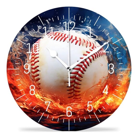 12 Inch Wall Clock Battery Operated Silent Clock Decorative for Office, Kitchen, Outdoor, Living Room,Baseball in Fire Flames And Splashing Water Exquisite Design