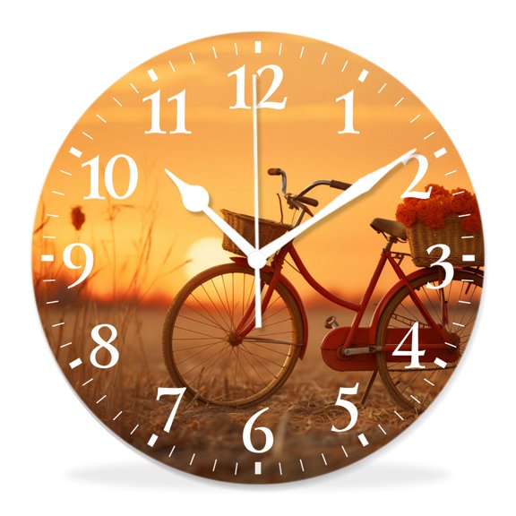 12 Inch Wall Clock Battery Operated Silent Clock Decorative for Office, Kitchen, Outdoor, Living Room，Beautiful Bicycle Sunset Landscape Nature Drawing