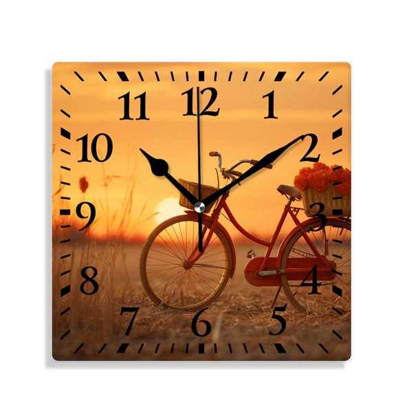 12 Inch Wall Clock Battery Operated Silent Clock Decorative for Office, Kitchen, Outdoor, Living Room，Beautiful Bicycle Sunset Landscape Nature Drawing