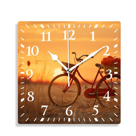 12 Inch Wall Clock Battery Operated Silent Clock Decorative for Office, Kitchen, Outdoor, Living Room，Beautiful Bicycle Sunset Landscape Nature Drawing