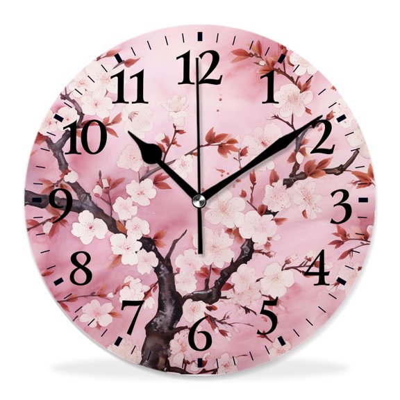 12 Inch Wall Clock Battery Operated Silent Clock Decorative for Office, Kitchen, Outdoor, Living RoomBeautiful Chinese Cherry Blossom Flower Japan Plum Branch Beautiful