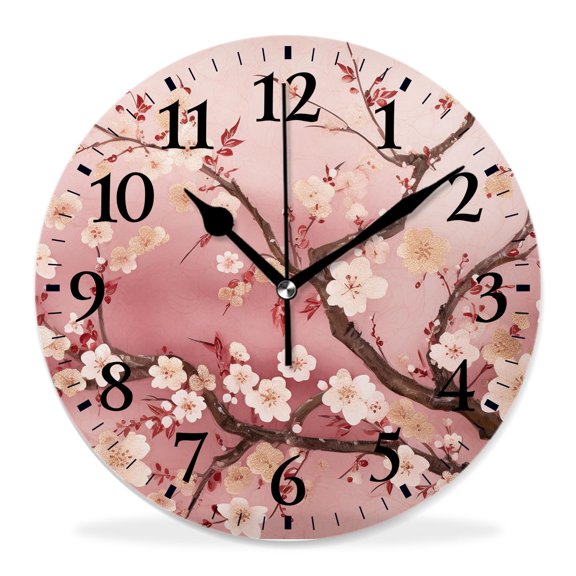 12 Inch Wall Clock Battery Operated Silent Clock Decorative for Office, Kitchen, Outdoor, Living RoomBeautiful Chinese Cherry Blossom Flower Japan Plum Branch Lovely
