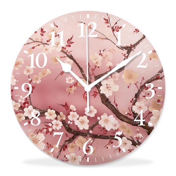 12 Inch Wall Clock Battery Operated Silent Clock Decorative for Office, Kitchen, Outdoor, Living RoomBeautiful Chinese Cherry Blossom Flower Japan Plum Branch Lovely