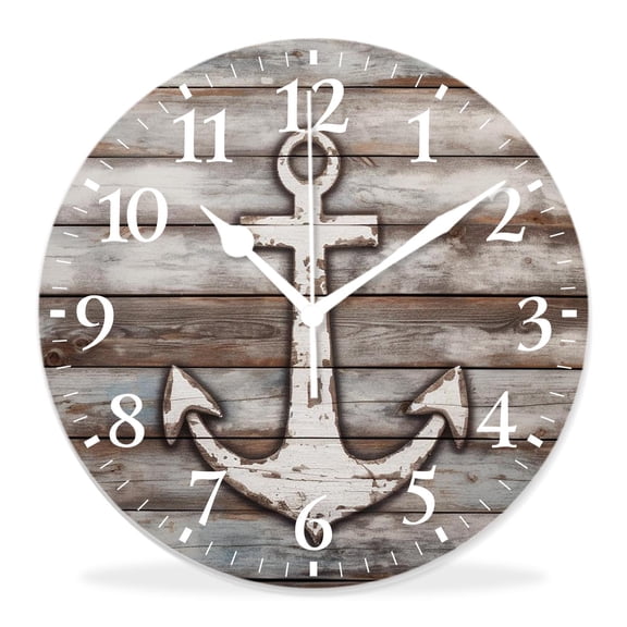 12 Inch Wall Clock Battery Operated Silent Clock Decorative for Office, Kitchen, Outdoor, Living RoomBrown and White Hand Drawing Boating Sketch Rustic Wooden Elegant