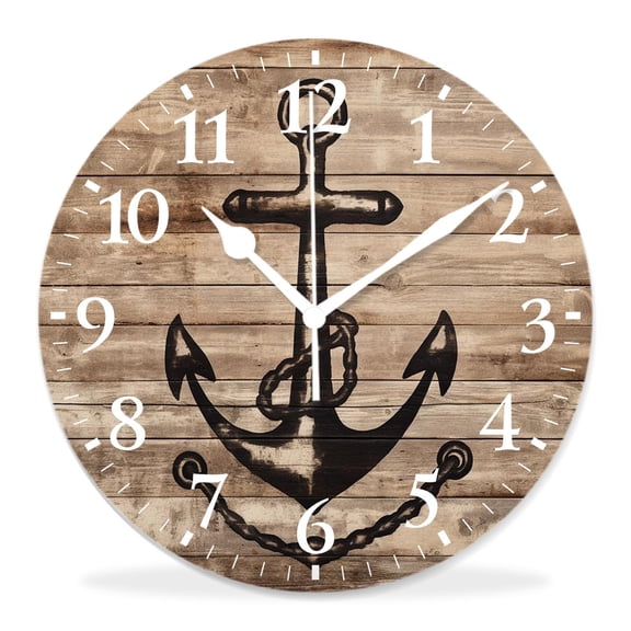 12 Inch Wall Clock Battery Operated Silent Clock Decorative for Office, Kitchen, Outdoor, Living RoomBrown and White r Hand Drawing Boating Sketch Rustic Wooden Creative