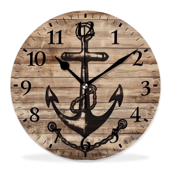12 Inch Wall Clock Battery Operated Silent Clock Decorative for Office, Kitchen, Outdoor, Living RoomBrown and White r Hand Drawing Boating Sketch Rustic Wooden Creative